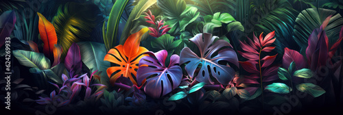 Tropical plants background  Jungle tropic leaves and flower variety  banner