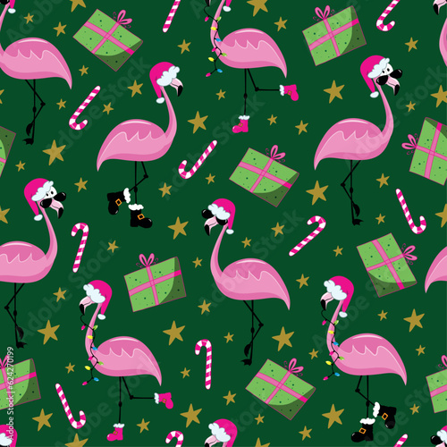 Christmas flamingo seamless pattern. Funny flamingos in Santa's hat. Gift box and candy cane. Good for textile print, wrapping and wall paper, covering.