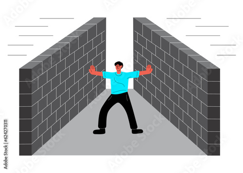 Man blocks walls on both sides. Concept of struggle, resistance, pressure from outside, problem solving, freedom. Flat vector illustration on white background.