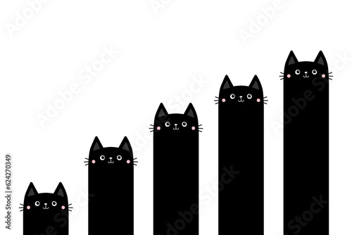 Cat column diagram. Funny 5 steps infographics template. Growing charts. Bar chart graph. Black kitten. Cute cartoon kawaii character. Business icons presentation. Flat design. White background.