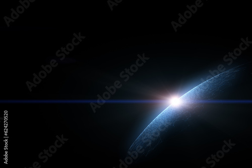 Futuristic space with planet and spot star light with lens flare. Big copy space illustration background.