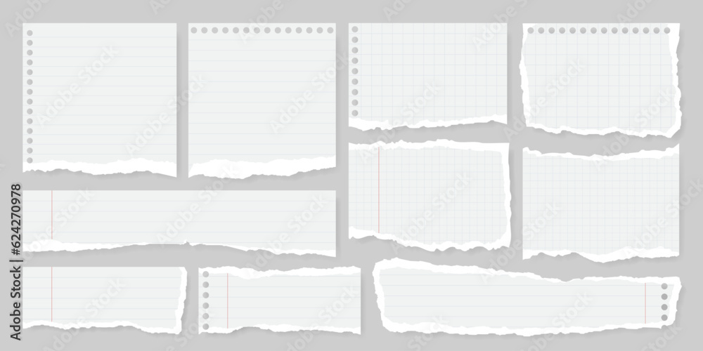 Set of torn or ripped notebook paper with line, grid, dot and margin. Split note, scrap page and newspaper tear with edges for abstract banner background. Social media grunge label or scrapbook strip.