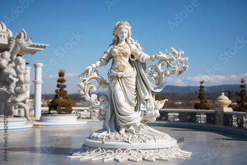 Photo of full body beautiful antique sculpture, white color, blue sky background. AI Generative