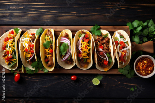 food tomato sauce taco meal vegetable mexican pepper fresh chili. Generative AI. photo