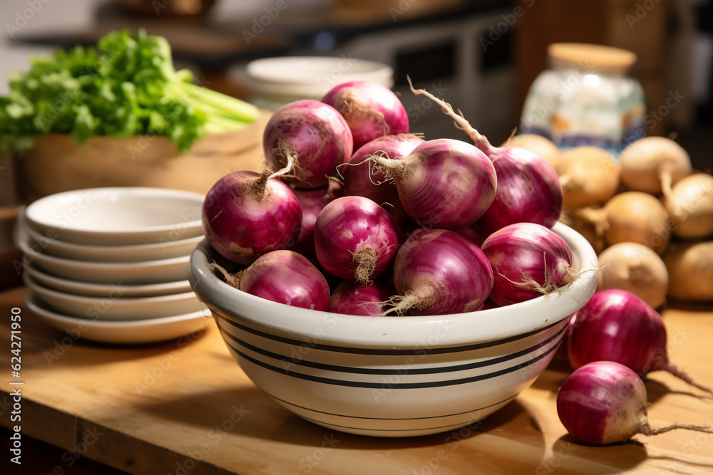 A bowl full of beetroot on a wooden kitchen counter. Nicely lit scene, boho style surroundings with accessories around A bowl full of beetroot on a wooden kitchen counter. Nicely lit scene, boho style surroundings with accessories around