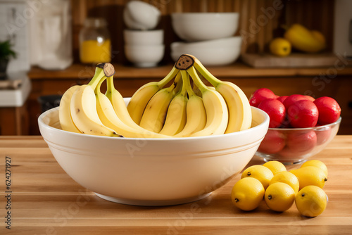 A bowl full of bananas on a wooden kitchen counter. Nicely lit scene, boho style surroundings with accessories around created by generative ai