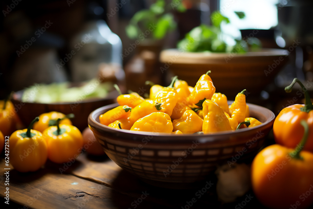 A bowl full of hot peppers on a wooden kitchen counter. Nicely lit scene, boho style surroundings with accessories around