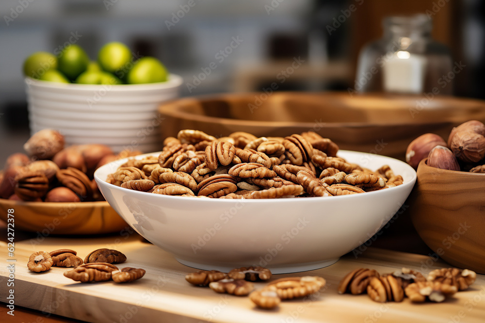 A bowl full of pecans on a wooden kitchen counter. Nicely lit scene, boho style surroundings with accessories around A bowl full of pecans on a wooden kitchen counter. Nicely lit scene, boho style surroundings with accessories around