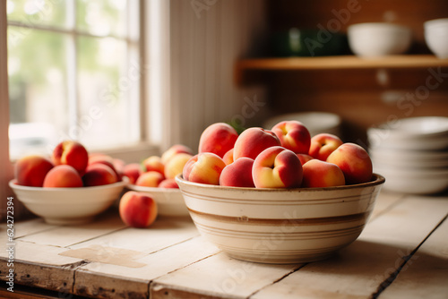 A bowl full of peach on a wooden kitchen counter. Nicely lit scene  boho style surroundings with accessories around created by generative ai