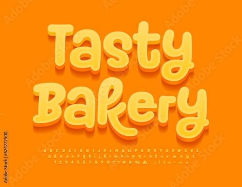 Vector delicious Emblem Tasty Bakery. Funny Calligraphic Font. Creative 3D Alphabet Letters, Numbers and Symbols set