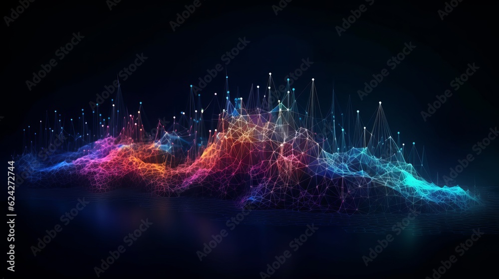 Data technology abstract futuristic illustration . Low poly shape with connecting dots and lines on dark background. 3D rendering . Big data visualization. generative ai