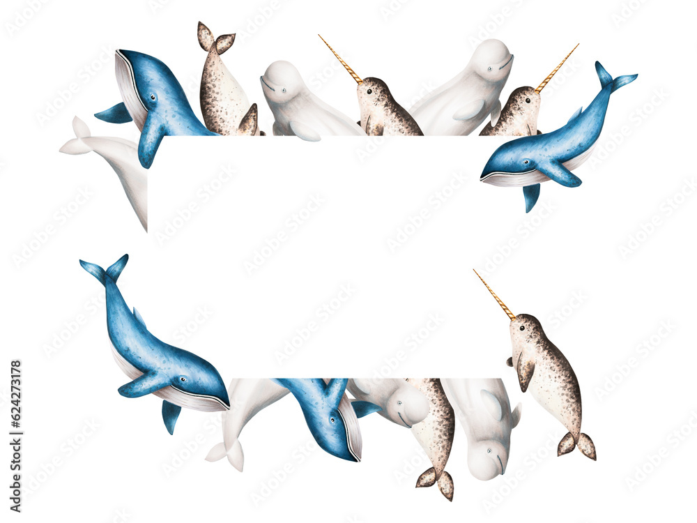 Fototapeta premium Watercolor frame with beluga, blue whale and narwhal isolated on white background. Hand painting realistic Arctic and Antarctic ocean mammals. For designers, decoration, postcards, wrapping paper, 