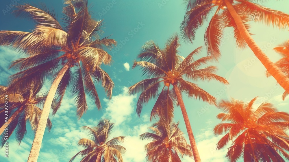 Palm trees against blue sky, Palm trees at tropical coast, vintage toned and stylized, coconut tree,summer tree ,retro generative ai