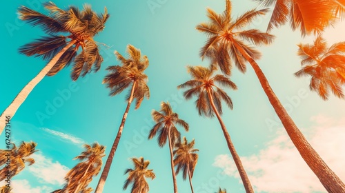 Palm trees against blue sky, Palm trees at tropical coast, vintage toned and stylized, coconut tree,summer tree ,retro generative ai © Chingiz