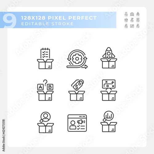Pixel perfect black icons representing product management, editable thin line illustration set.
