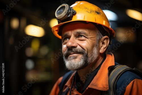Senior male engineer worker working in a factory in break time. Mature male workers working and wearing safety uniforms, and helmets in industry factory