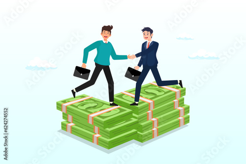 Business people handshake on pile of money banknote after finish agreement, salary negotiation, pay raise discussion or wages and benefit agreement, business deal or merger and acquisition (Vector)