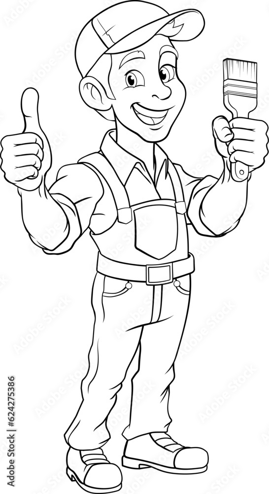 A painter decorator handyman cartoon construction man mascot character holding a paint brush tool