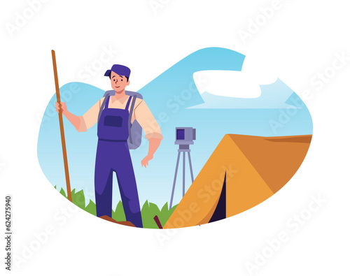 Geologists in camp conduct geo-prospecting flat vector illustration isolated.
