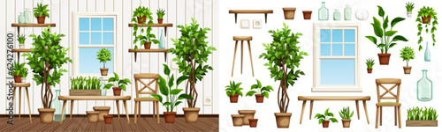 Room interior with lots of plants. Green houseplants in interior. Urban jungle interior design. Furniture set. Interior constructor. Cartoon vector illustration
