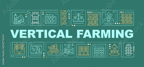 Vertical farming text with various icons on dark green monochromatic background, 2D vector illustration.