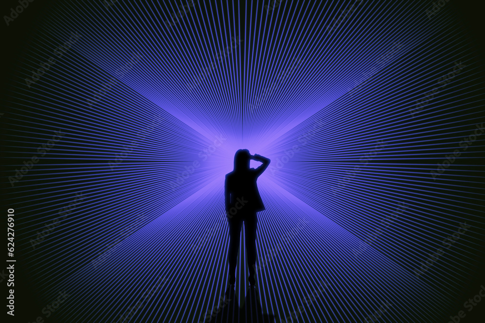 Conceptual image of businesswoman silhouette on bright blue lines background. Success, metaverse and direction concept. Conceptual image of businesswoman silhouette on bright blue lines background. Success, metaverse and direction concept.