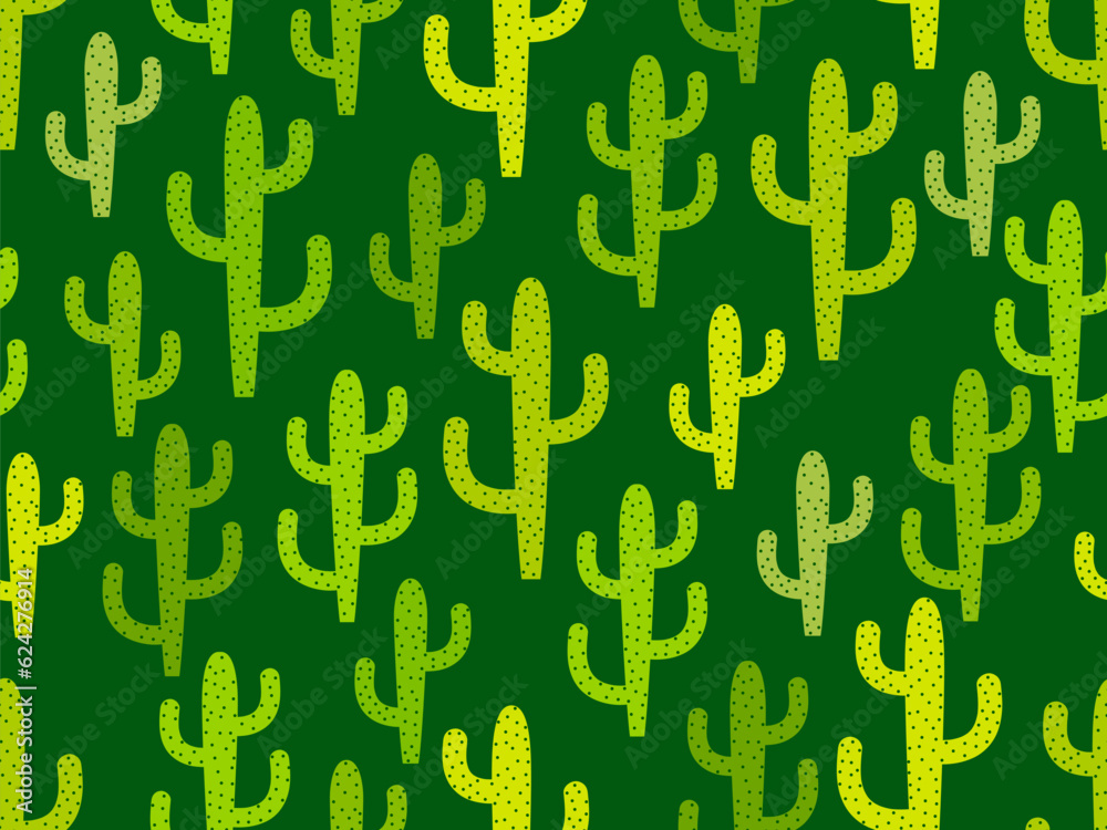 Cactus seamless pattern. Desert cactus Carnegiea. Green cactuses with dots in a modern style. Large mexican empty cacti. Design for banners and posters. Vector illustration