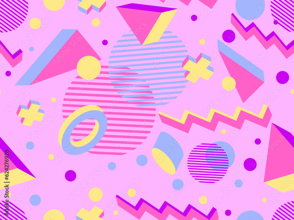 3D geometric seamless pattern in 80s style. 3d isometric triangles, zigzags and circles. Geometric memphis style. Design for promotional products, wrapping paper and printing. Vector illustration 3D geometric seamless pattern in 80s style. 3d isometric triangles, zigzags and circles. Geometric memphis style. Design for promotional products, wrapping paper and printing. Vector illustration