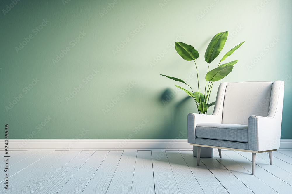 Front view on blank green wall background with space for advertising poster or campaign in sunlit room with light cozy armchair and green plant on wooden floor. 3D rendering, mockup Front view on blank green wall background with space for advertising poster or campaign in sunlit room with light cozy armchair and green plant on wooden floor. 3D rendering, mockup