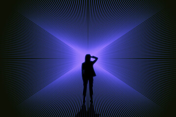 Conceptual image of businesswoman silhouette on bright blue lines background. Success, metaverse and direction concept.