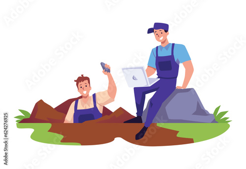 Geological expedition, man dug up and found an interesting mineral, man with a laptop sits on stone vector illustration