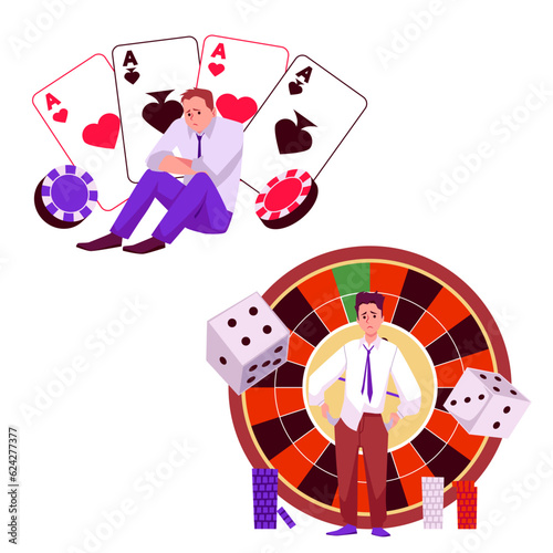 Set of sad men poker losers flat style, vector illustration