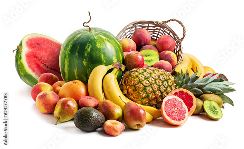 Fototapeta Naklejka Na Ścianę i Meble -  Still life of tropical fruits. Pineapple, watermelon, pears, apples, peaches, grapefruit, kiwi, pears, avocados on a white background. Isolate