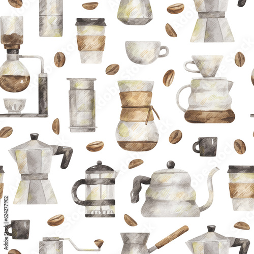 Watercolor seamless pattern with different coffee shop equipments and coffee beans. Hand-drawn texture with items for making coffee. Watercolor illustrations	
