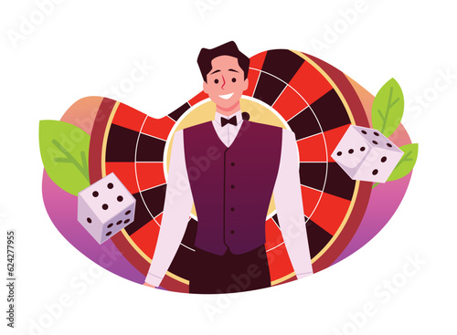 Smiling casino dealer stands in front of roulette table, casino employee dice, advertising gambling vector illustration