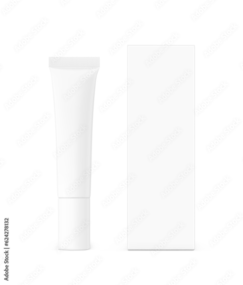 Blank plastic tube with box mockup. Front view. Vector illustration isolated on white background. Can be use for your design, advertising, promo and etc. EPS10. Blank plastic tube with box mockup. Front view. Vector illustration isolated on white background. Can be use for your design, advertising, promo and etc. EPS10.