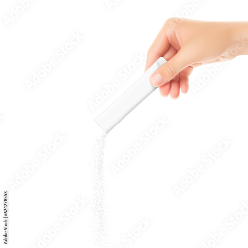 The right hand holds the torn stick package. Vector illustration isolated on a white background. Can be used to present your product. EPS10.