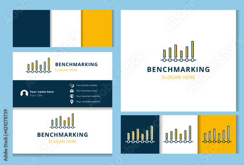 Benchmarking logo design with editable slogan. Branding book and business card template.