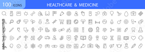 A set of 100 icons for medicine and healthcare in a linear style.
