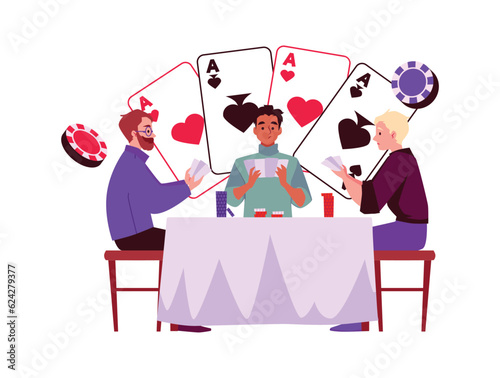 Men play poker, gambling card game for chips, cartoon risky characters vector illustration with aces of different suits