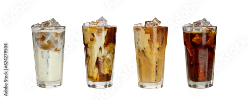 Foto Set of ice caramel latte coffee and black amricano coffee cold in tall glass isolated clipping path clean cut on white background
