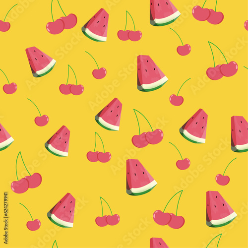 seamless pattern with watermelon and cherry on a yellow background. fruit pattern for textile with yellow background