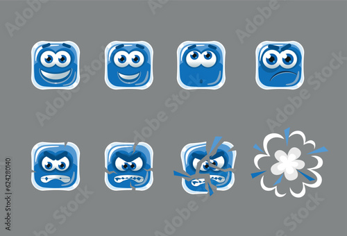 A fun ice cube that gets angry and explodes. Face expressing different emotions. Ready for animation. Full range of emotions. Vector character