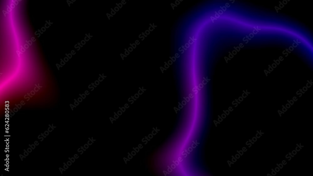 Abstract moving glowing blue pink purple red lines on black background. Laser show. Loop animation. Flowing motion of neon curved rings. Vibrant flashes. Technology wallpaper banner cover presentation