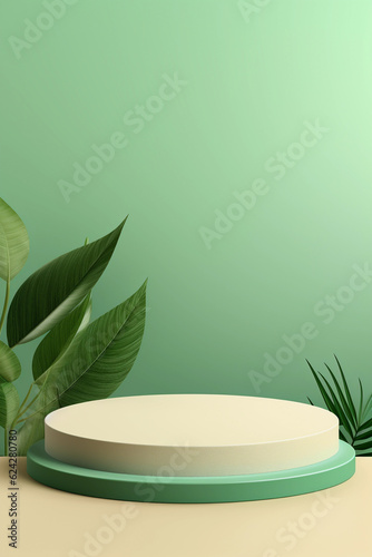 Front view of white round empty podium on green background. Minimal art backg...