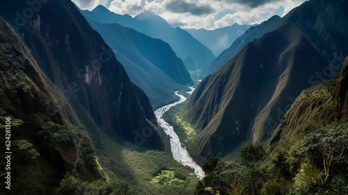 Panoramic view of Urubamba River, Machu Picchu, Peru, South America. photo