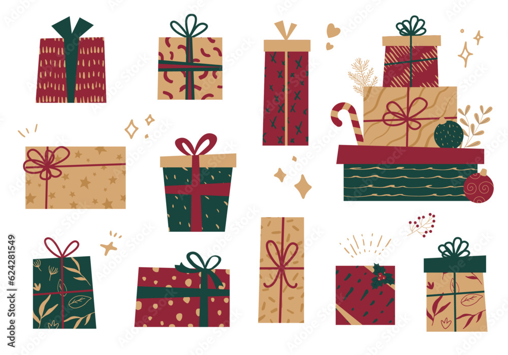 クリスマスのギフトボックスのベクターイラストコレクション。(プレゼント,贈り物)