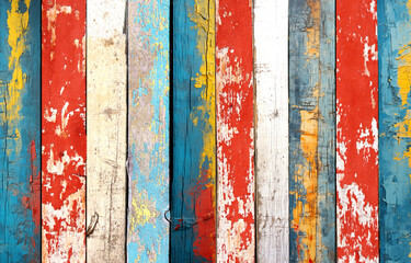 Texture of vintage wood boards with cracked paint of white, red, yellow and blue color. Horizontal retro background with wooden planks of different colors