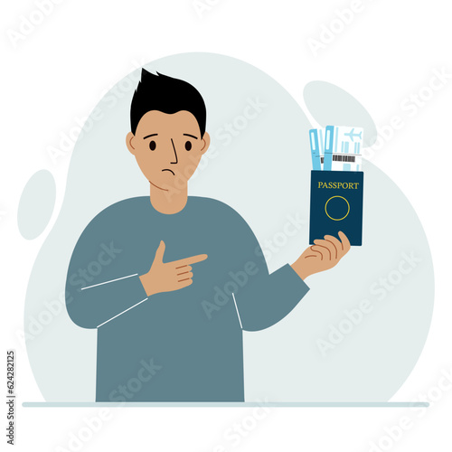 A man holds a passport with air tickets. The man shows the boarding pass. Travel concept.