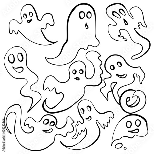 Set of outline doodle ghosts, spirits of various shapes for scary holiday